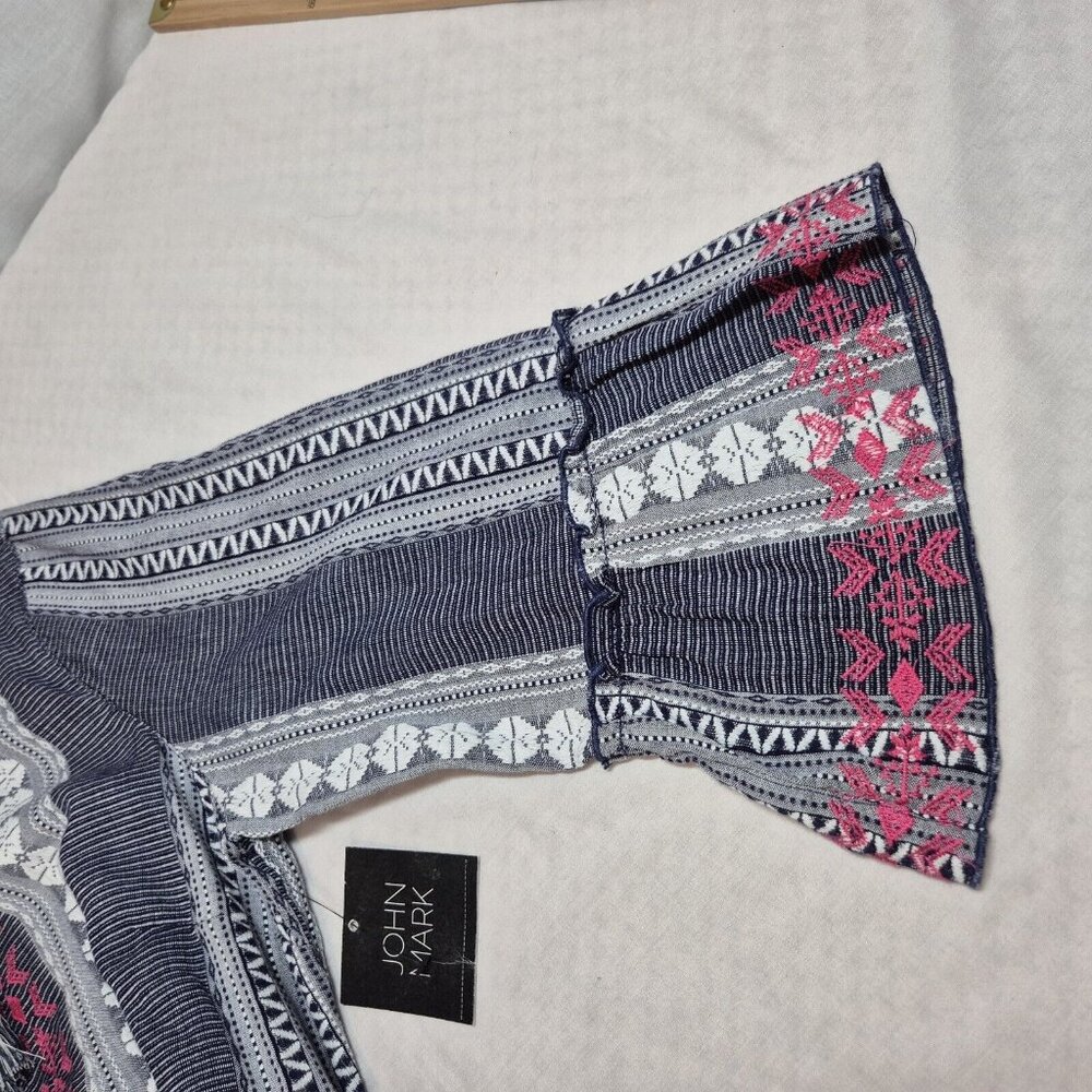 John Mark Women's Dress Size L Floral Embroidered Blue White Pink Stripe (29) - Picture 7 of 11